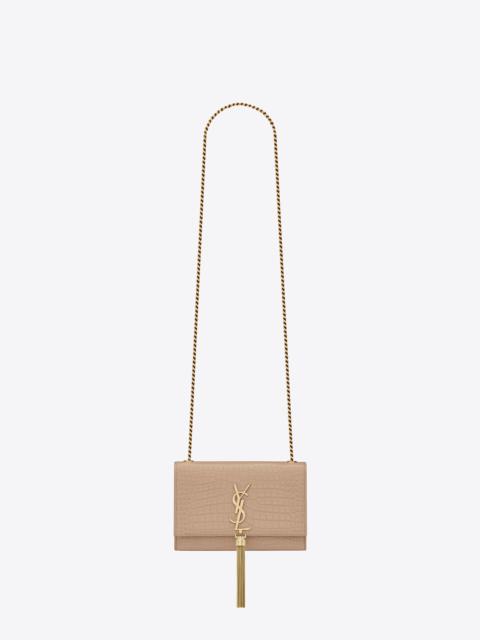 kate small chain bag with tassel in crocodile-embossed shiny leather