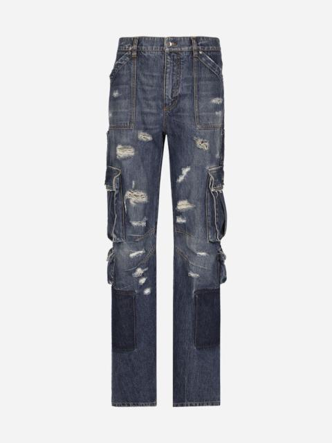 Denim cargo jeans with rips