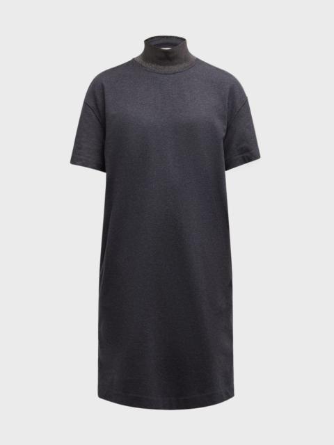 Monili-Collar Shiny Felpa Short-Sleeve T-Shirt Dress