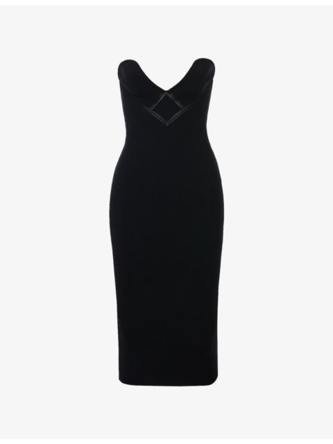 House of CB Magdalena Sweetheart-Neck Embroidered Stretch-Knit Midi Dress