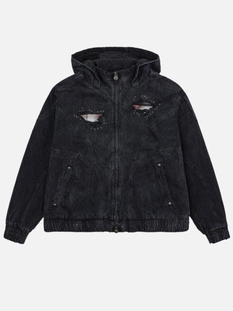 EVISU Distressed Plaid Patch Hooded Padding Denim Jacket