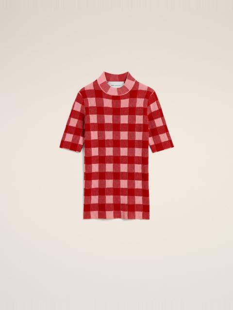 AMI Paris PINK CHECKERED WOOL AND COTTON SHORT SLEEVES SWEATER
