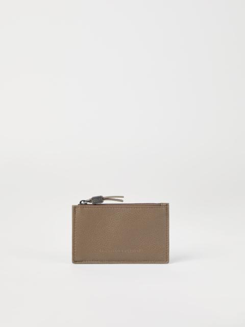 Brunello Cucinelli Grained leather card case with shiny zipper pull