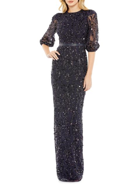 MAC DUGGAL Women's Sequined Elbow-Sleeve Column Gown - Midnight