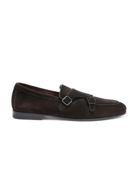Santoni Men's dark brown suede double-buckle loafer