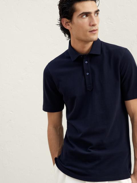 Cotton piqué slim fit polo with shirt-style collar