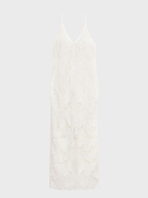 Blumarine LONG MESH DRESS WITH HANDMADE EMBROIDERY AND SLIT