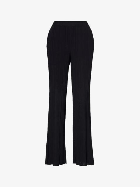 Ruffle-trim elasticated-waist straight-leg mid-rise knitted trousers