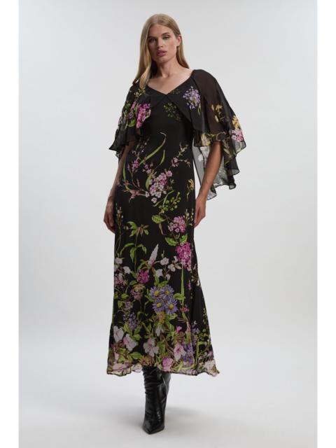KAREN MILLEN Floral Border Print Viscose Woven Cape Sleeve Maxi Dress