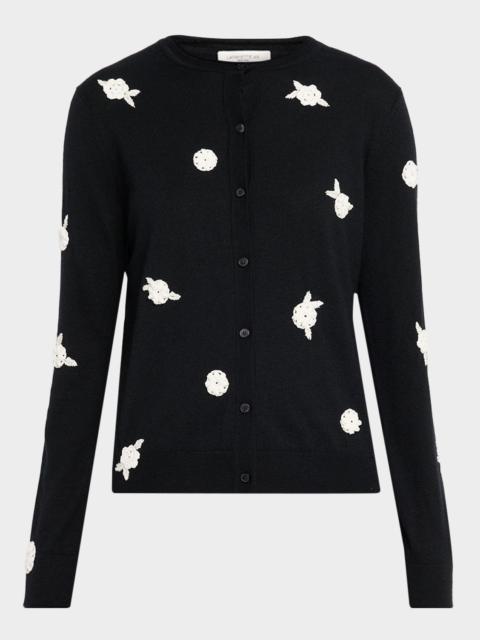 Lafayette 148 New York Crewneck Floral Applique Cashmere Cardigan