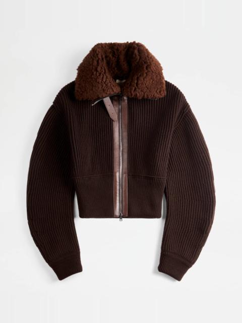 Tod's CARDIGAN JACKET WITH LEATHER INSERTS - BROWN