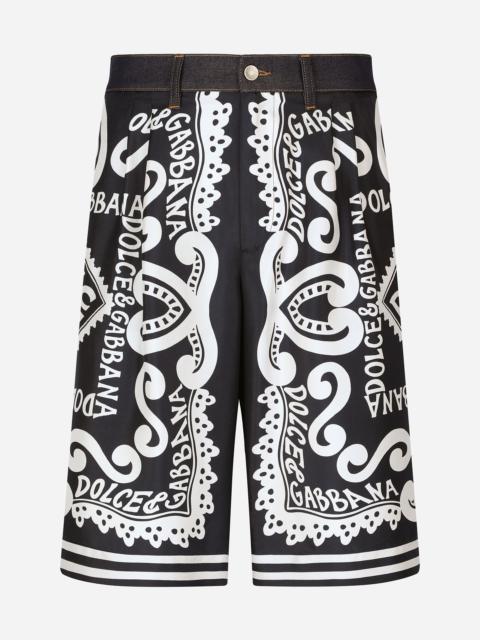Silk and stretch denim shorts with Marina print