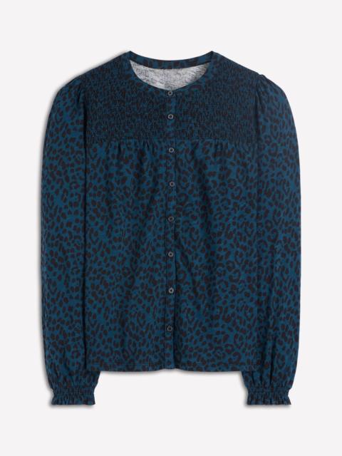 BODEN Elsa Smocked Yoke Jersey Shirt-Teal Leopard