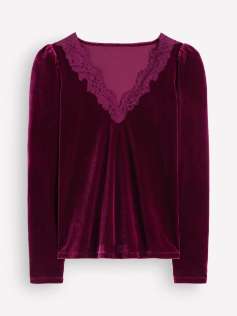 BODEN Lace Trim V-Neck Velvet Top-Beetroot Red