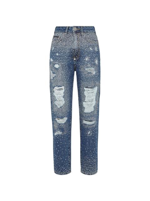PHILIPP PLEIN crystal-embellished distressed-denim trousers