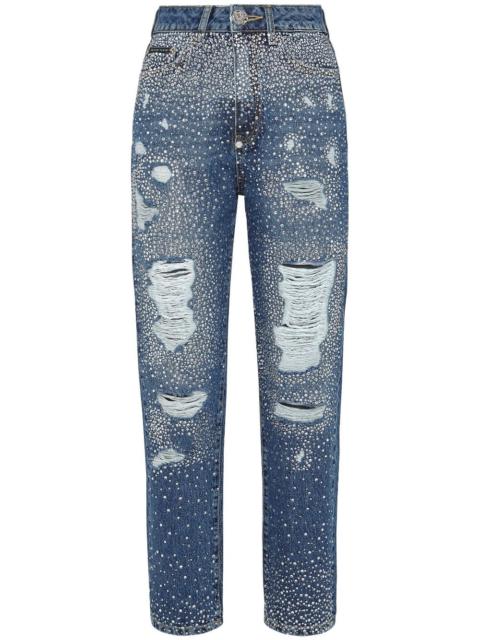 crystal-embellished distressed-denim trousers