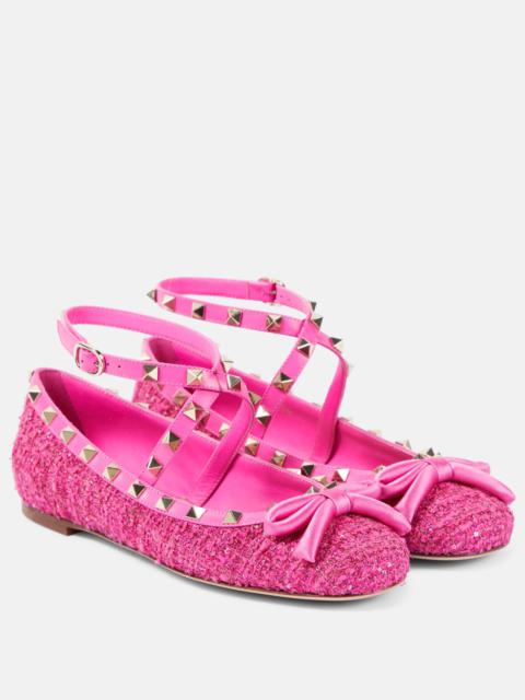 Valentino Rockstud leather-trimmed bouclé ballet flats