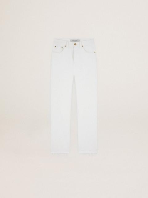 Golden Goose Cropped Journey Collection pants in white bull denim with worn-out effect hem