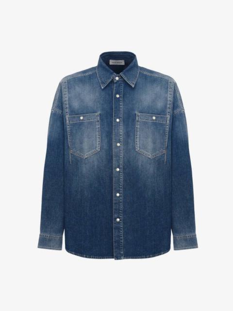 Alexander McQueen Men's Darted Denim Shirt in Washed Blue