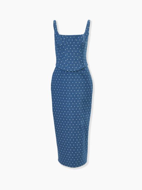 CAROLINA HERRERA Polka Dot Denim Corseted Pencil Dress