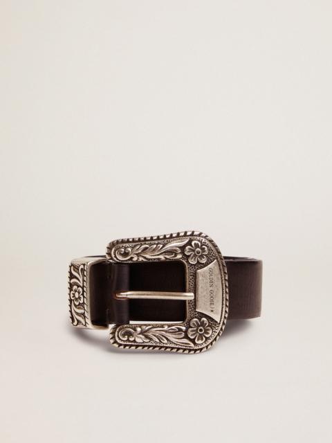 Golden Goose Women's belt in black leather with silver decorated buckle