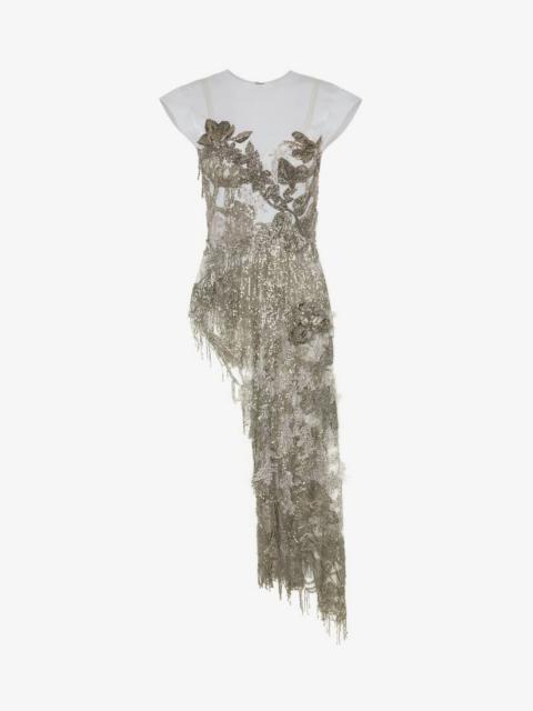 Alexander McQueen Lily Pad Embroidery Asymmetric Top in White/silver