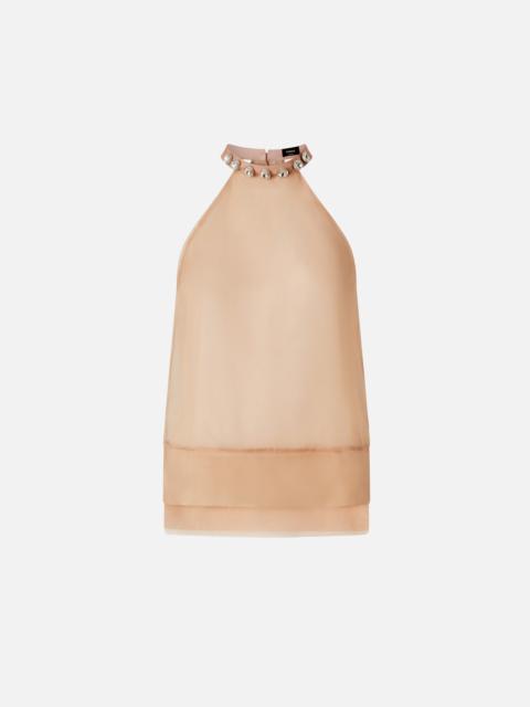 PINKO SILK ORGANZA TOP WITH JEWEL EMBROIDERY ON THE NECK