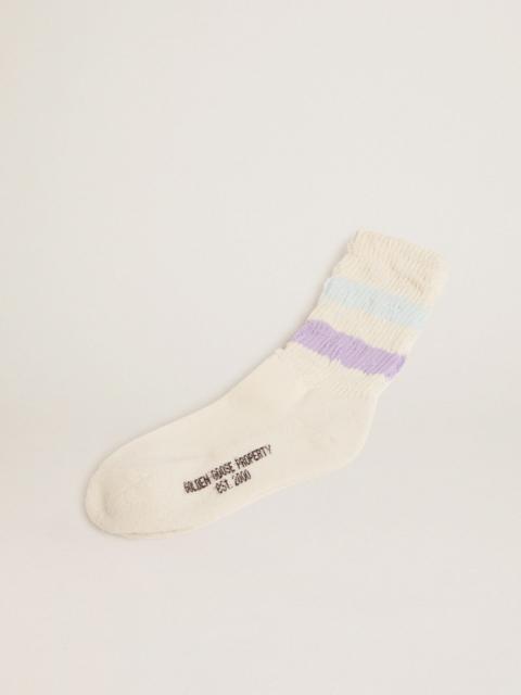 Golden Goose Distressed-finish white socks with lilac and baby blue stripes