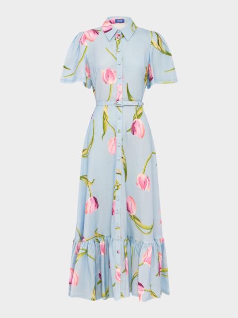 LEO LIN Becca Belted Floral Short-Sleeve Midi Dress