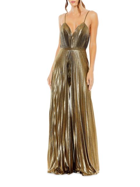 MAC DUGGAL Women's Pleated V-Neck Jumpsuit - Antique Gold