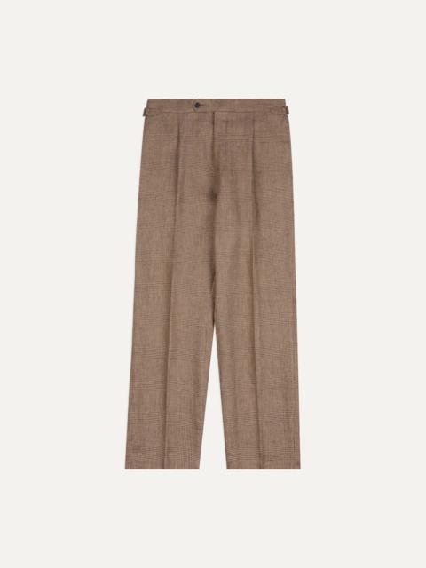 Drake's Brown Prince of Wales Check Linen Single Pleat Trouser