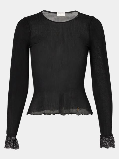 SAINT LAURENT Lace Trim Wool-Cashmere Rib Jersey Long-Sleeve Top