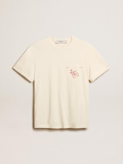 Golden Goose Men’s cotton T-shirt in aged white with embroidered pocket
