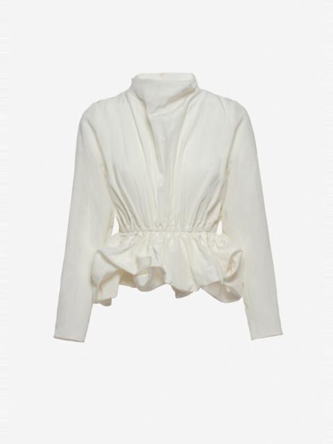MAGDA BUTRYM Gathered waist blouse with soft stand collar in white