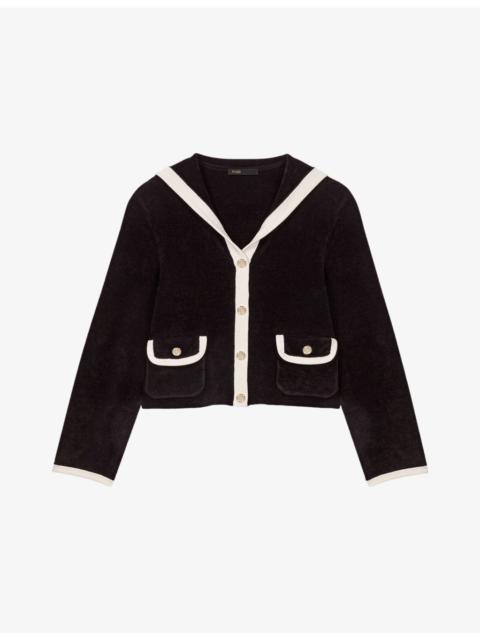 maje Sailor-Collar Button-Down Stretch-Velvet Cardigan