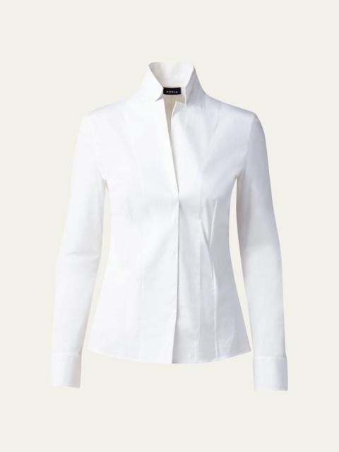 AKRIS Long-Sleeve Notched-Collar Poplin Blouse