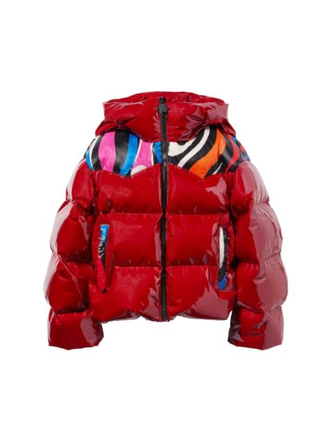 abstract-panelling hooded puffer jacket