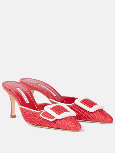 Manolo Blahnik Maysale 70 leather-trimmed raffia mules