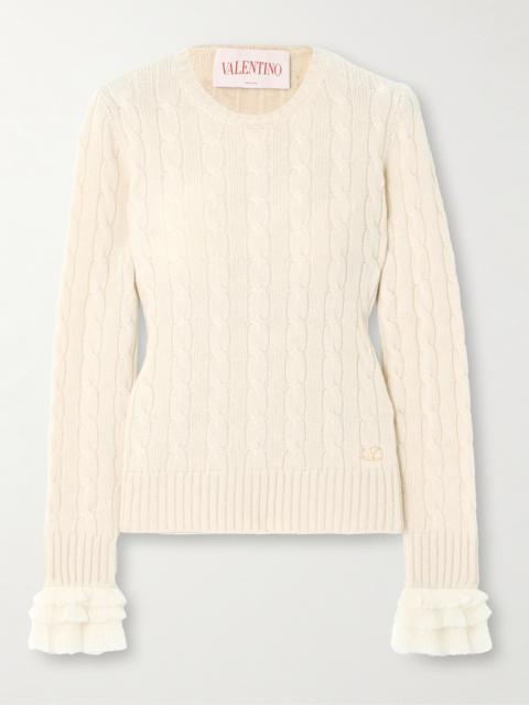 Valentino Ruffle-trimmed Embellished Cable-knit Cashmere Sweater