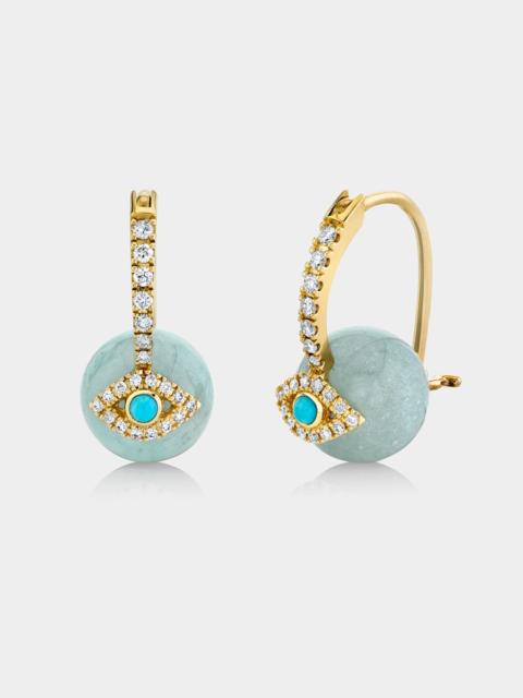14K Aquamarine Beaded Earrings with Diamond and Turquoise Evil Eye
