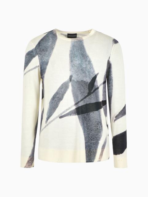 Plain-knit virgin-wool jumper with all-over abstract nature print