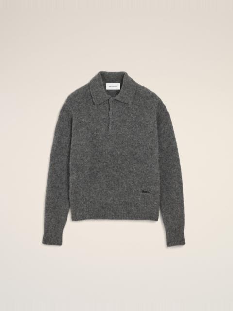 AMI Paris GREY WOOL AND ALPACA POLO WITH AMI EMBROIDERY