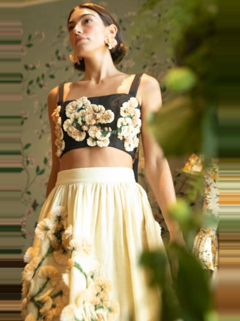 Agua by Agua Bendita Cacao Verso Floral Appliqué Linen Cropped Top floral