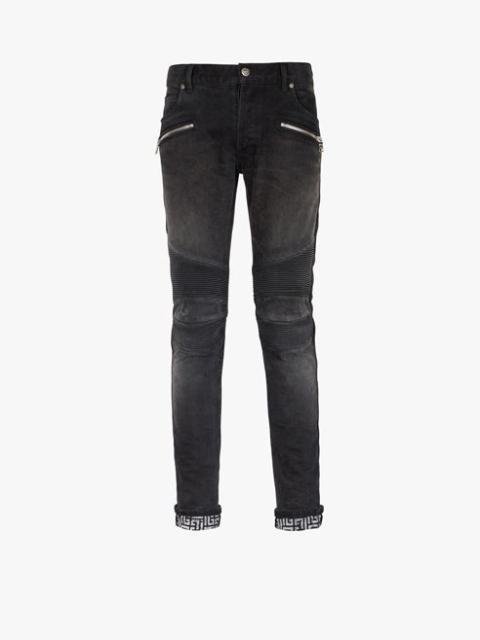 Balmain Slim cut faded and ridged black cotton jeans with Balmain monogram on hem