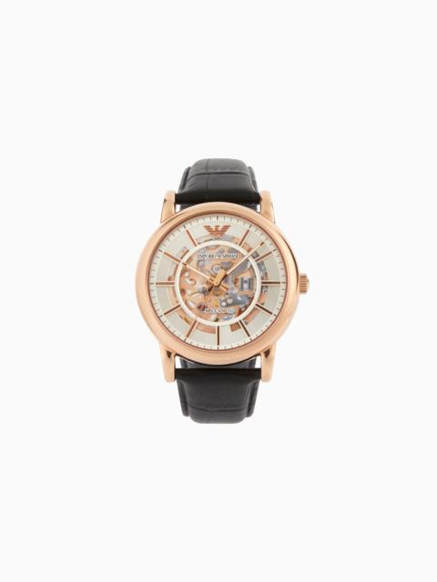 EMPORIO ARMANI MEN'S AUTOMATIC BLACK LEATHER WATCH