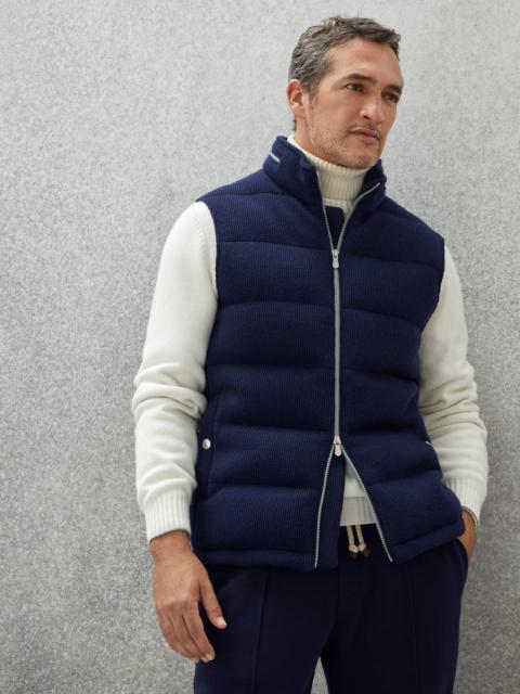 Cashmere English rib knit down vest with packable hood