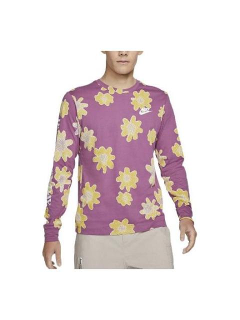 Nike Men's Nike SS22 Flowers Logo Printing Round Neck Long Sleeves Wine Red T-Shirt DM6336-507