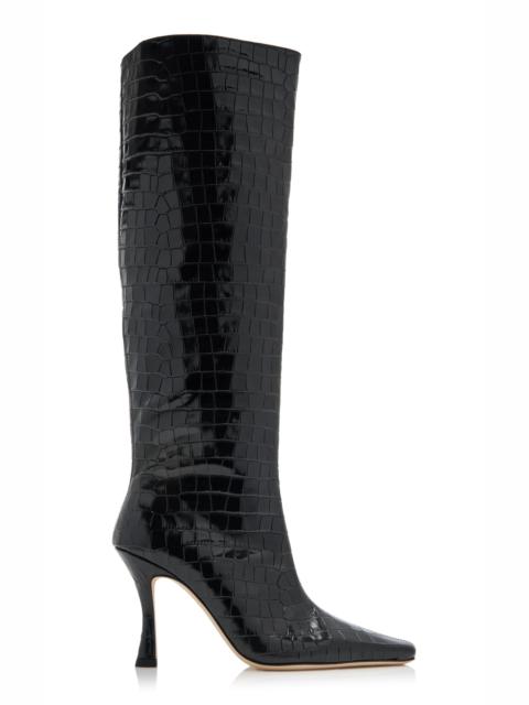 STAUD Cami Croc-Embossed Leather Knee Boots black