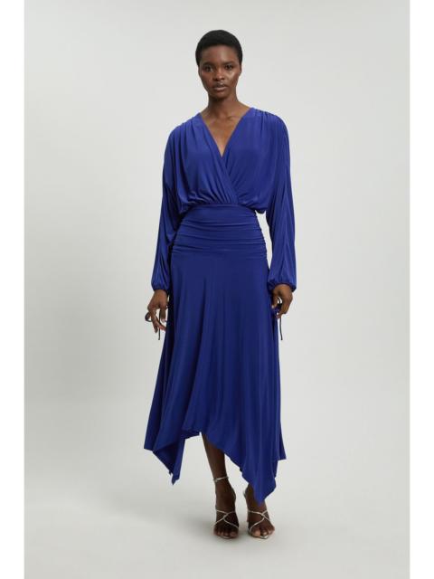 KAREN MILLEN Stretch Drapey Crepe Ruched Plunge Neck Batwing Sleeve Maxi Dress