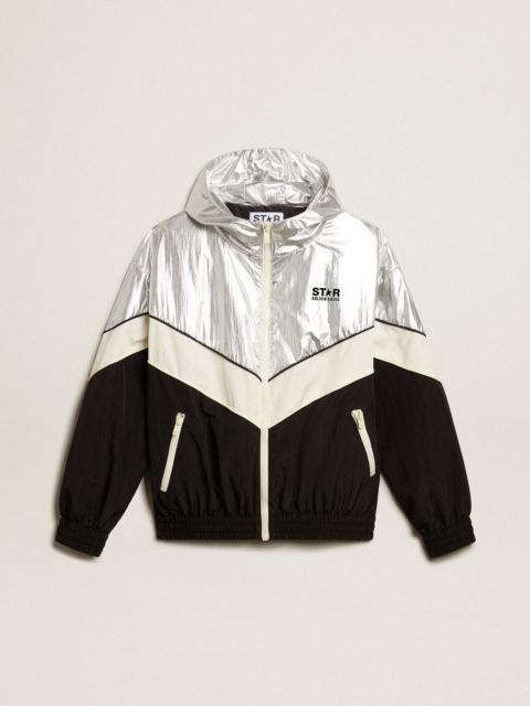 Women's windcheater in silver and black technical fabric